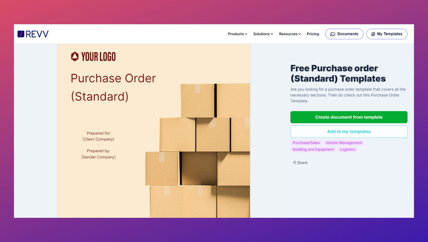 Create single or bulk purchase order from Revv's ready-to-use templates