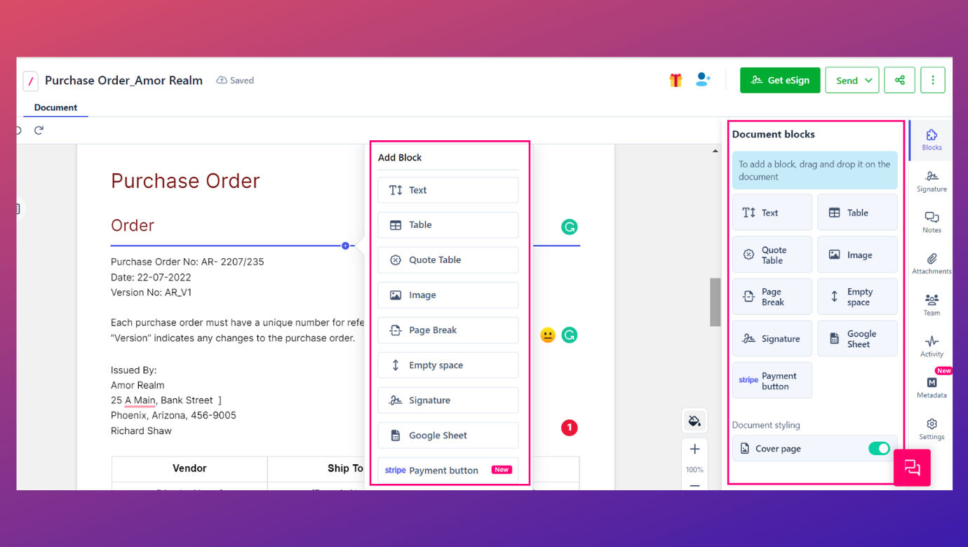 Processing purchase orders from paper-based purchase order system is tedious. Create a purchase order or an existing one with Revv's feature-rich document editor