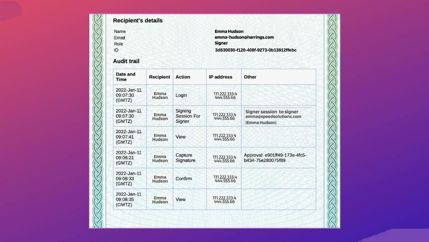 Revv generates audit trail or Evidence Summary report for all eSigned documents
