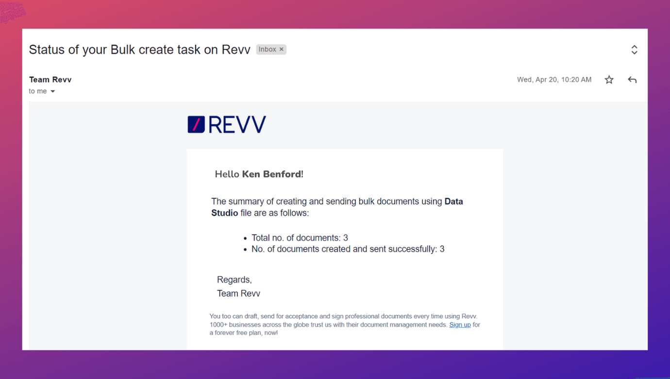 When bulk documents are created or sent for eSign or approval, Revv sends an auto-generated email regarding the status of the bulk action
