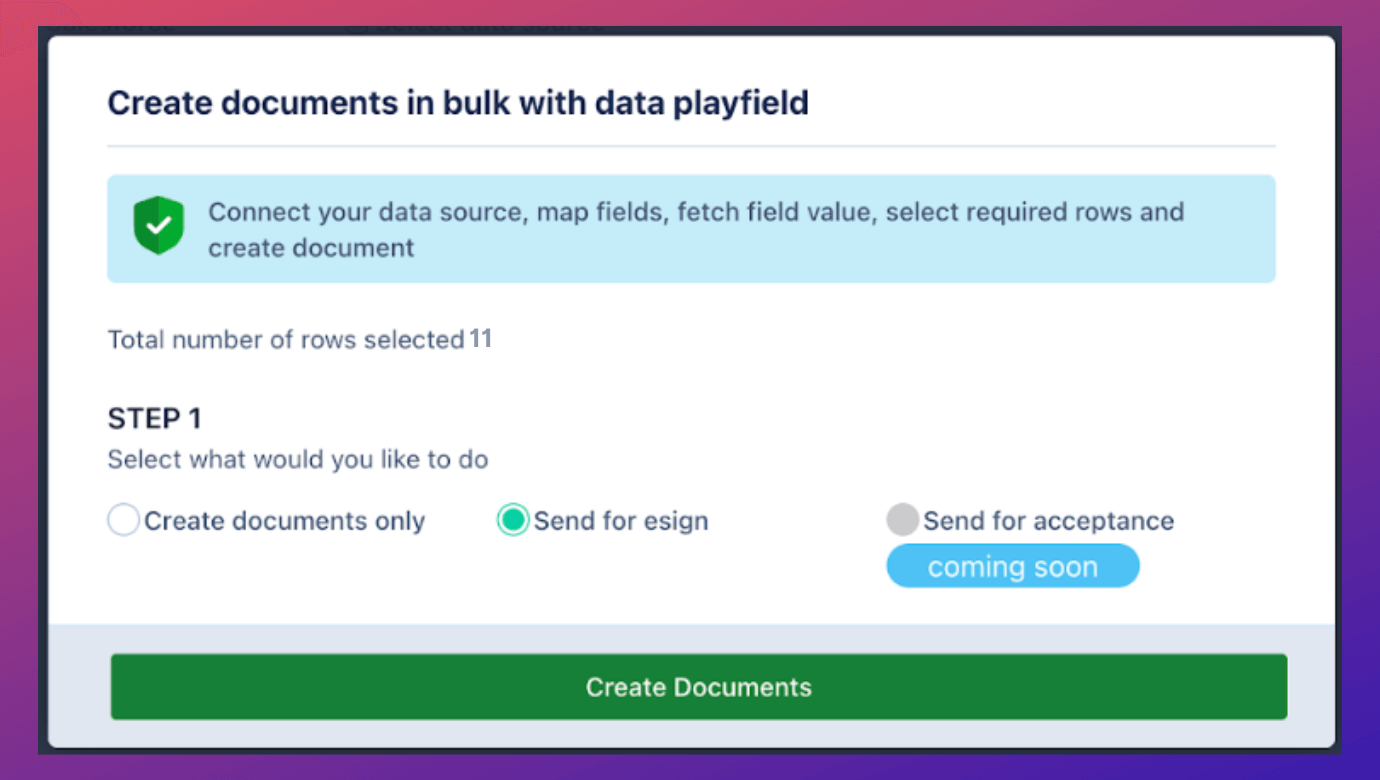 Choose to create single or bulk documents from Data Studio and send for eSign
