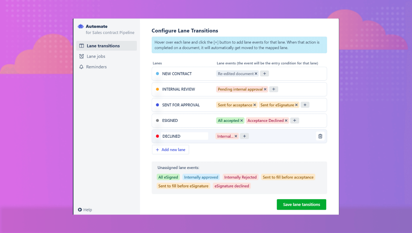 After you define the lanes, you can configure the document actions, called events, for each lane.