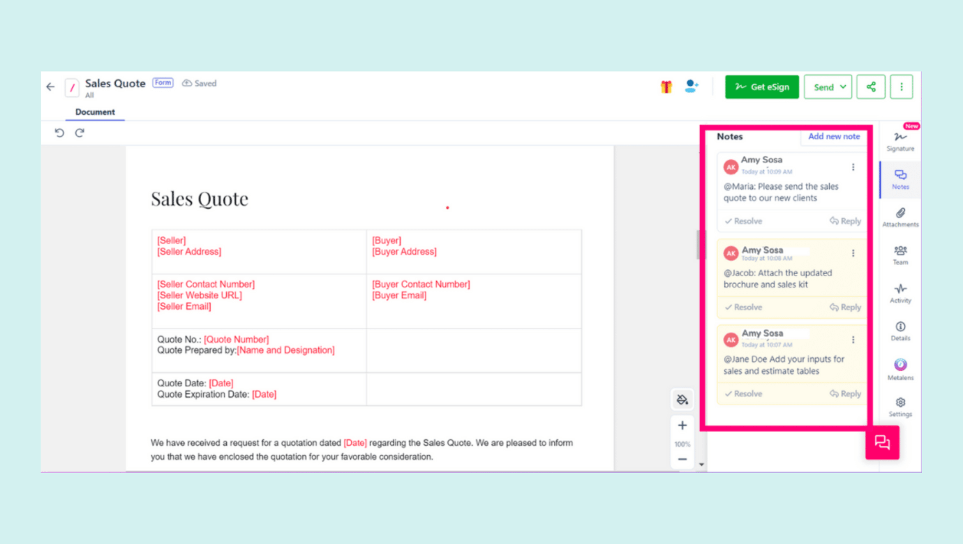 After contract creation, customers can manage contracts, do an internal review, and request inputs from teams in the same management system