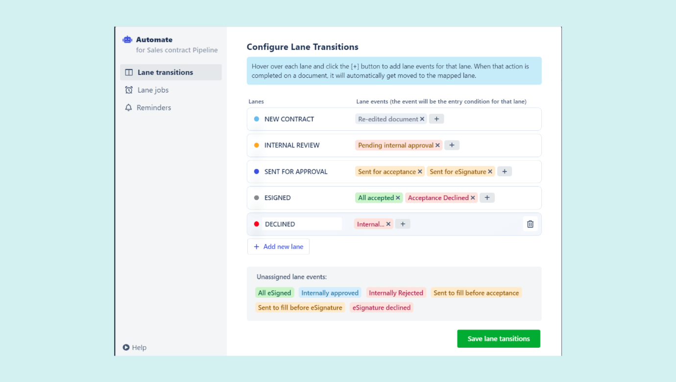 Manage your contracts and control documents flow with lane transitions