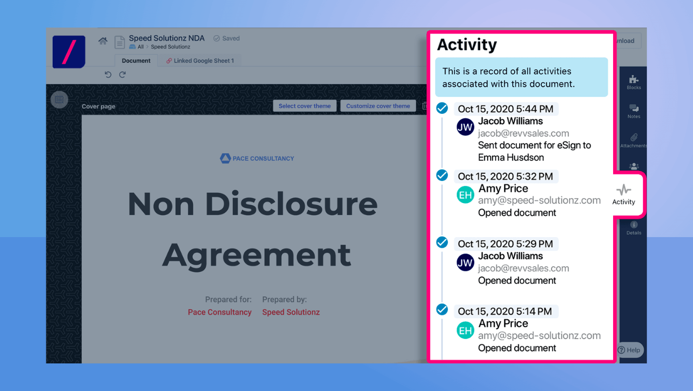 Track your customers' actions on a document using the Activity feature in Revv
