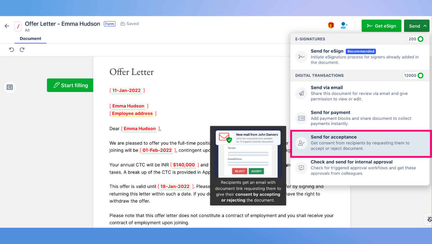 Avoid complex procedures and send your documents for acceptance (soft sign) with Revv