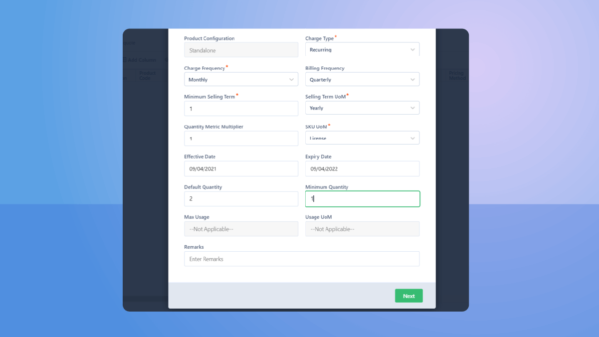 Setting quantity in Revv PriceBook