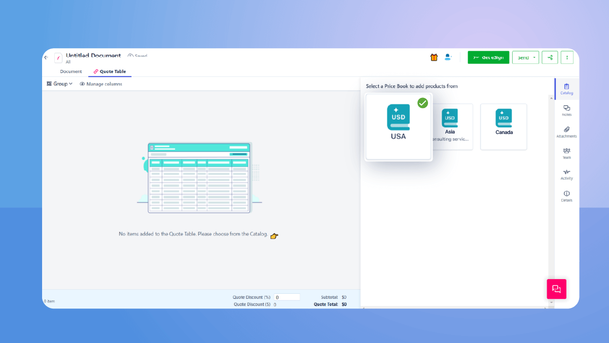 Selecting a pricebook in Revv's CPQ system