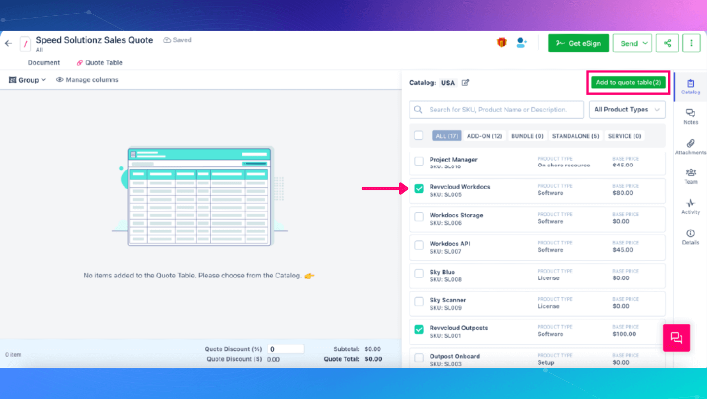 Product management & adding pricing information made easy with Revv's quote tables. It also enhances customer experience