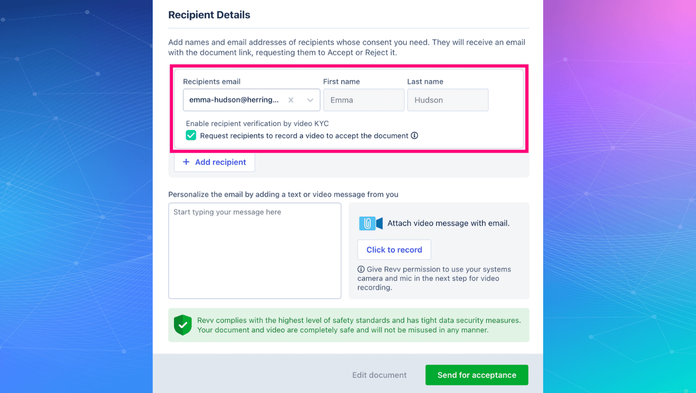 Use Revv's video authentication support to verify your customers identity - a key feature in a cpq application