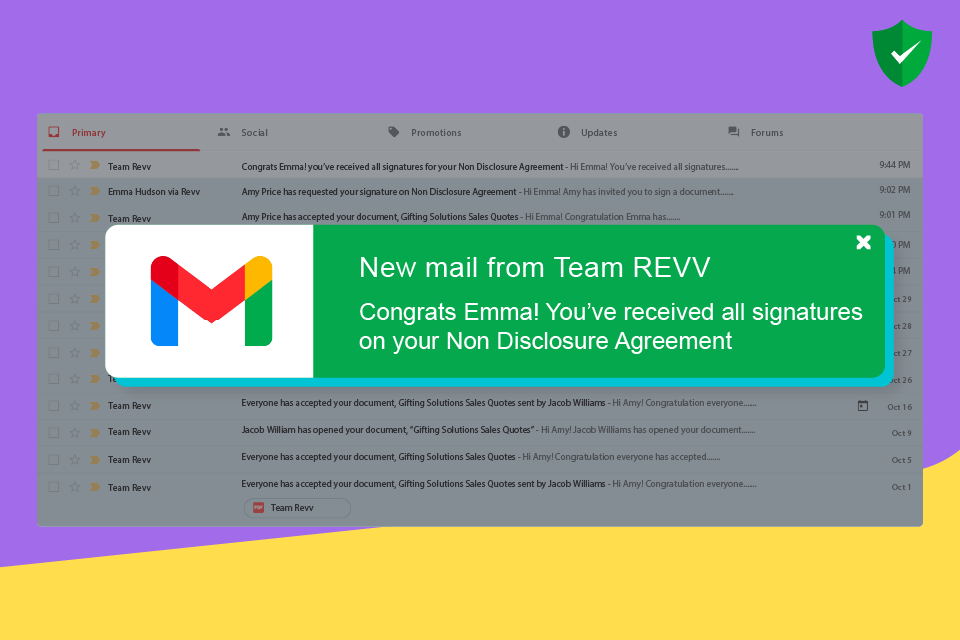 Revv updates senders on document activity through email notifications.