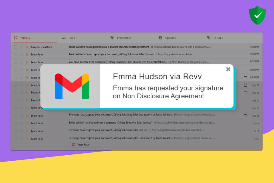 Revv sends automated email notifications to recipients to eSign the document.