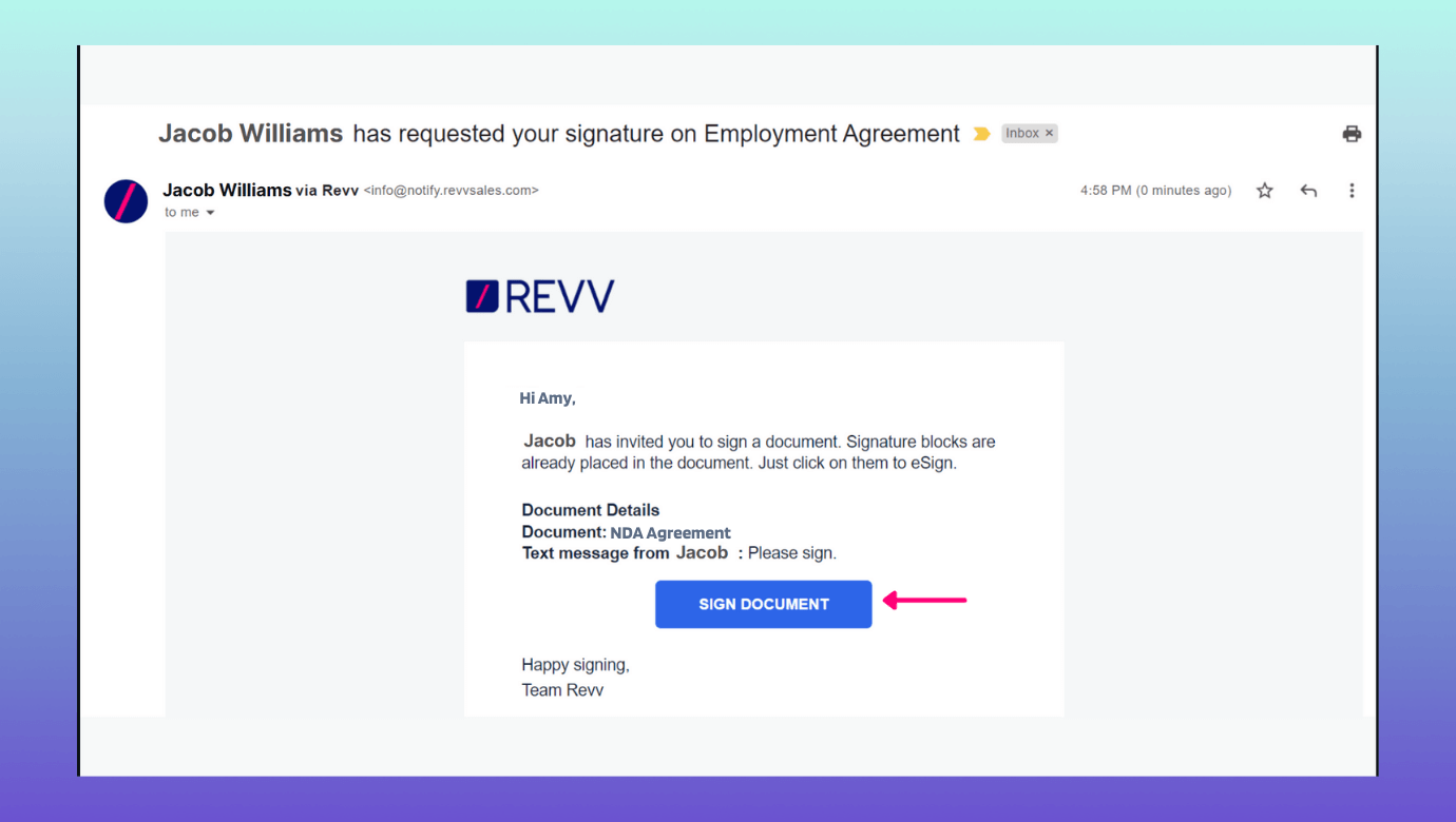 Revv sends email notifications to sign the document