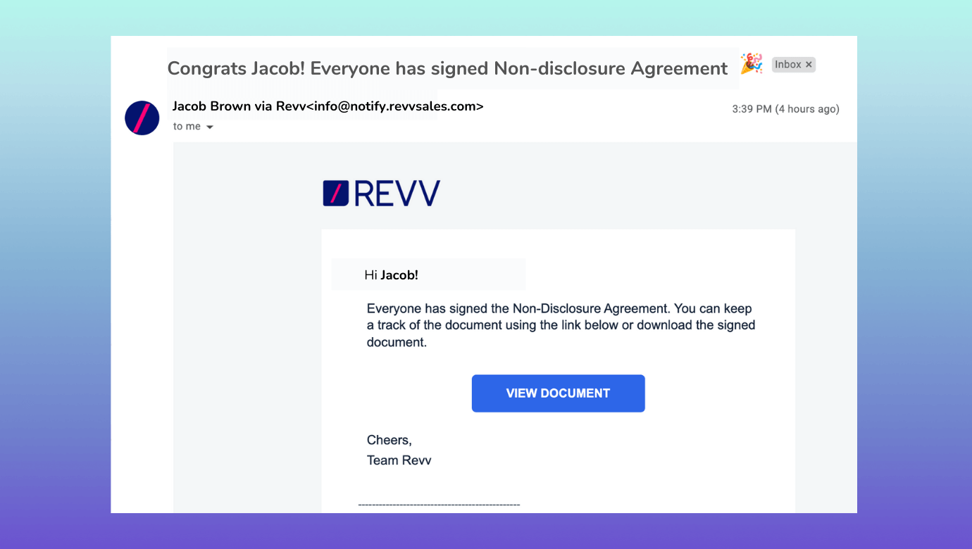 Once signed, Revv shares a copy of singed NDA with sender and recipient via email.