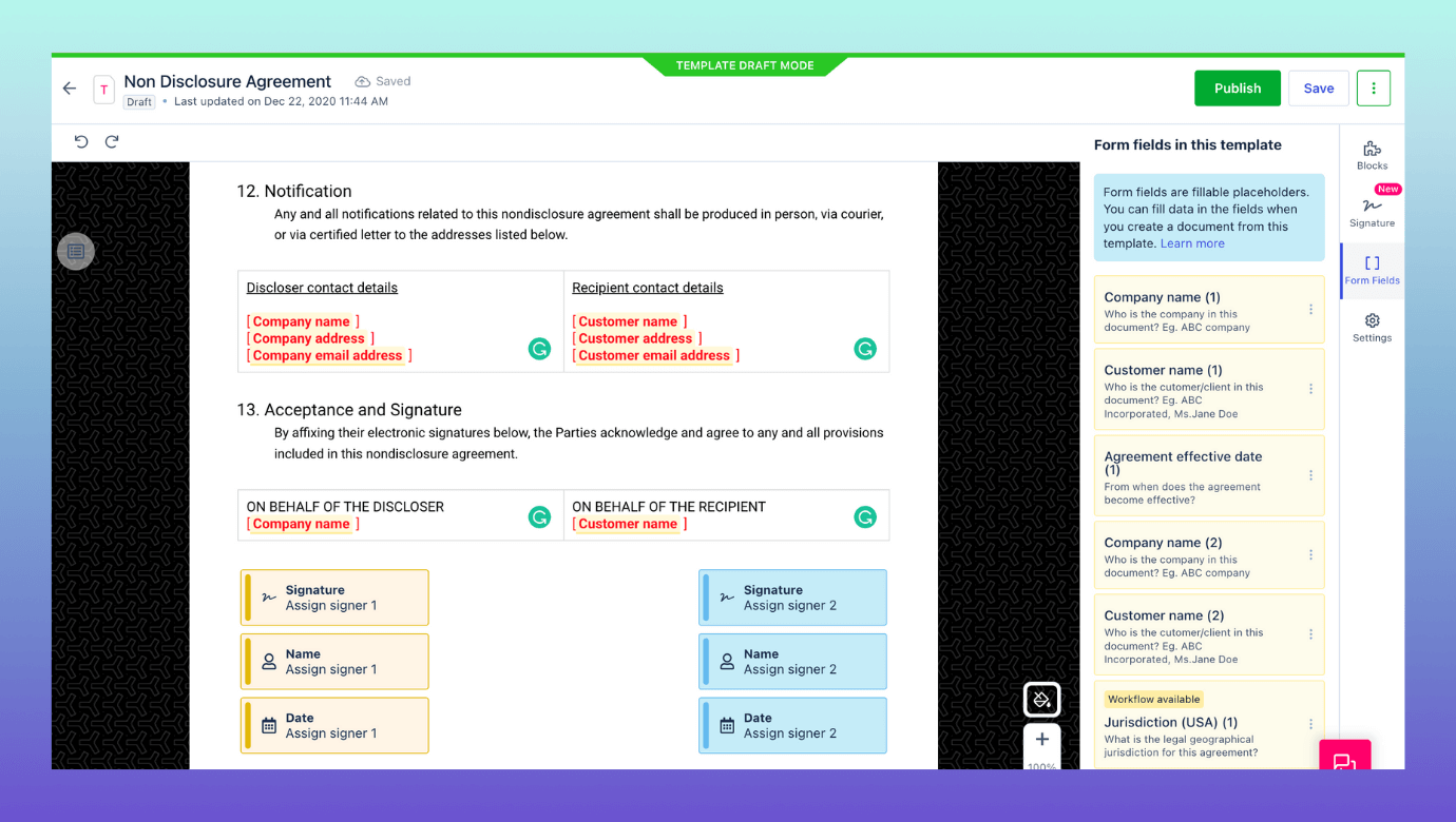 Revv's form fields enable you to speed up the NDA document filling process.