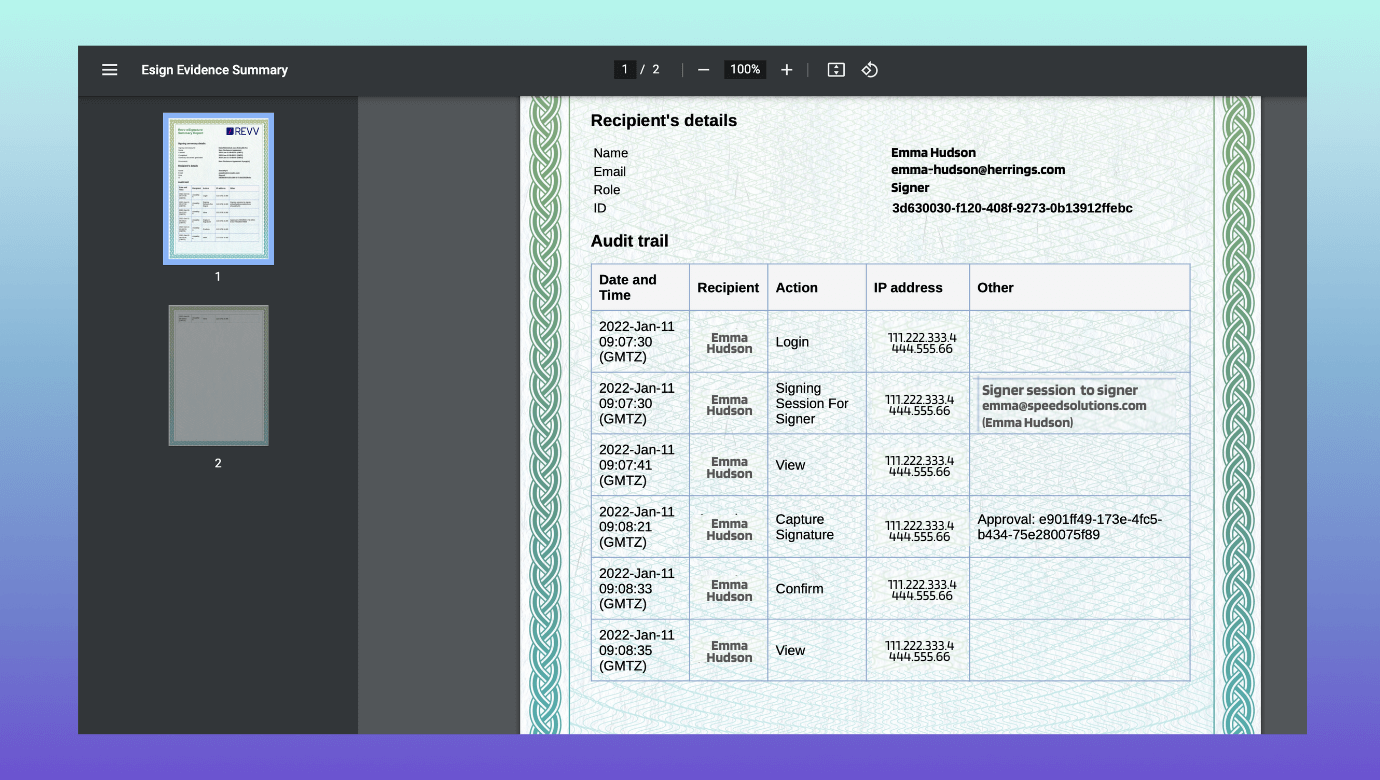 Revv provides you full audit trail of eSignatures done on the NDA document