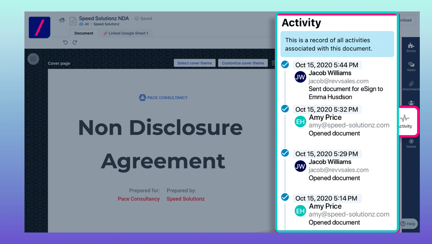 Track signer's activity on your document with Revv's "Activity" feature.
