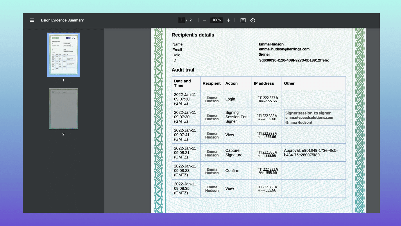 Revv stores full audit trail of the eSigning process in the Evidence Summary Certificate