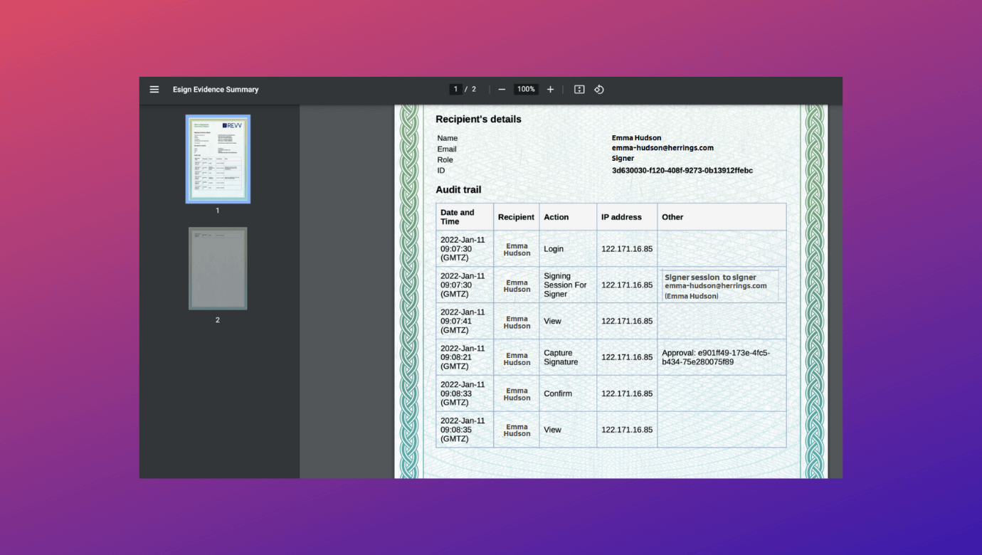 Revv provides legally binding audit trails for all eSigned documents in the form of Evidence Summary