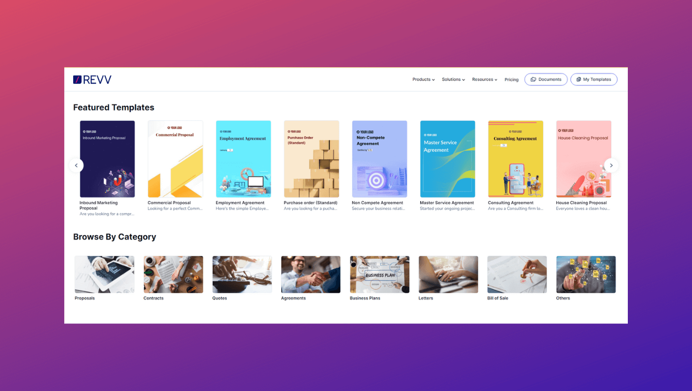 Create documents, contracts, and agreements from Revv's extensive template library