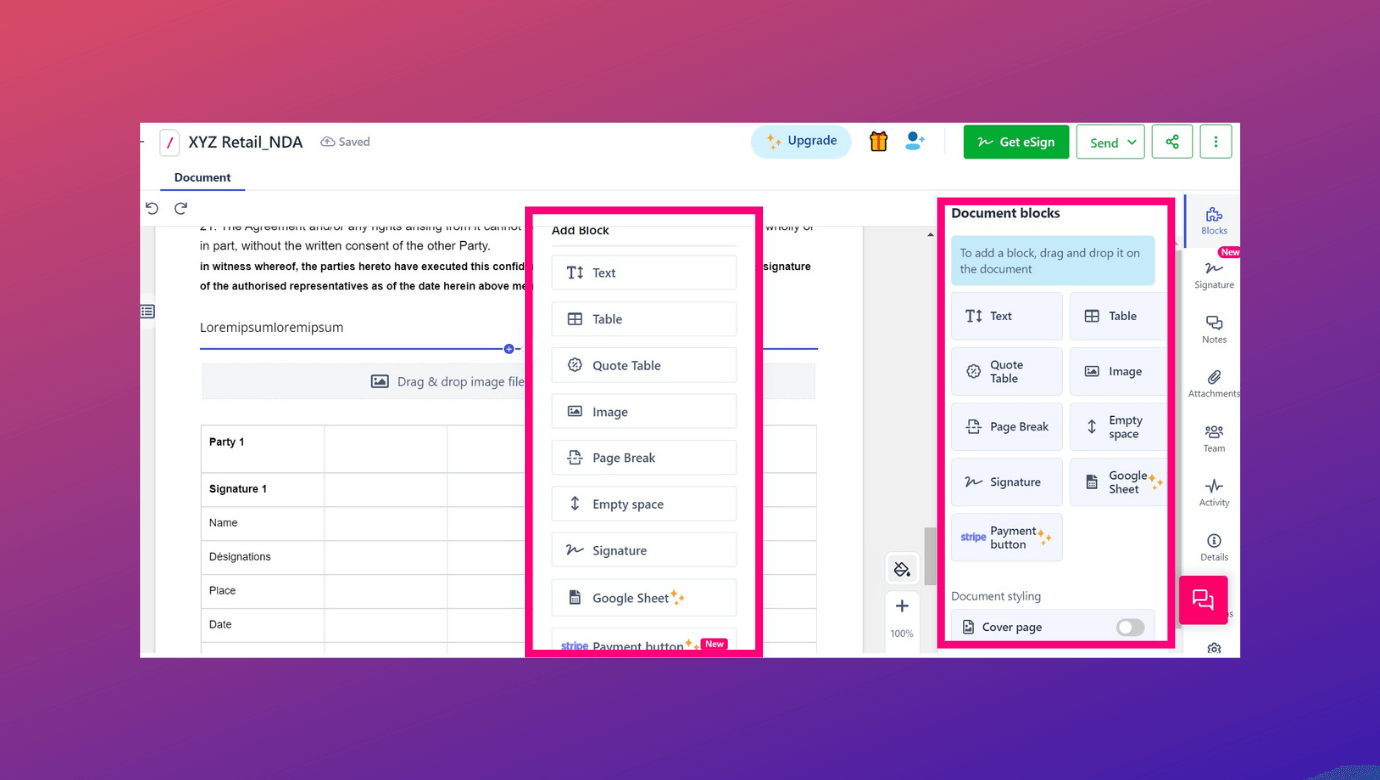 Document editor allows you to add/edit text, insert images, connect your Google Sheets, integrate your payment system