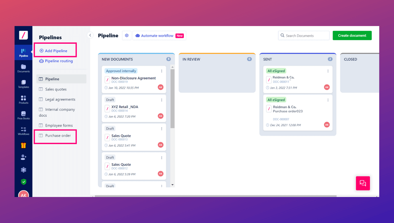 Automate workflows with the help of ‘Pipeline Routing.’ You can decide which document should fall under which Pipeline using this feature. 