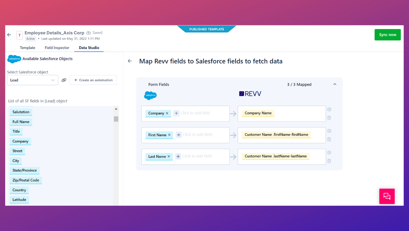 Choose Data Studio feature to map complex data from Salesforce and HubSpot CRMs and start e signature process