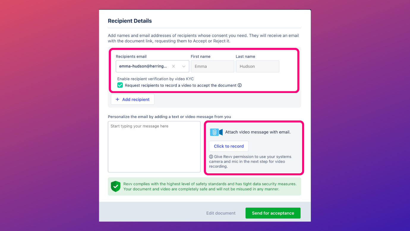 Set video authentication for documents that are sent for acceptance