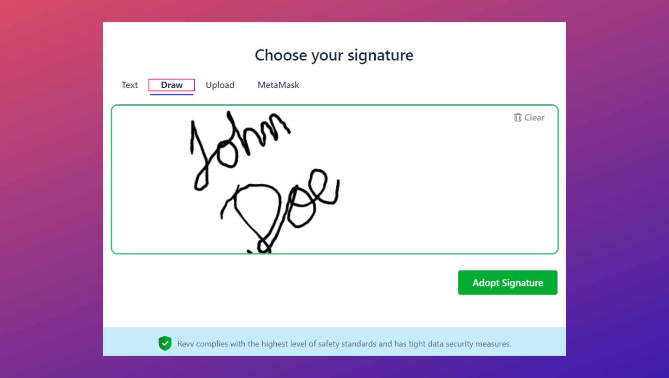 Signers can recreate their handwritten signature by drawing out using digital pen in Revv