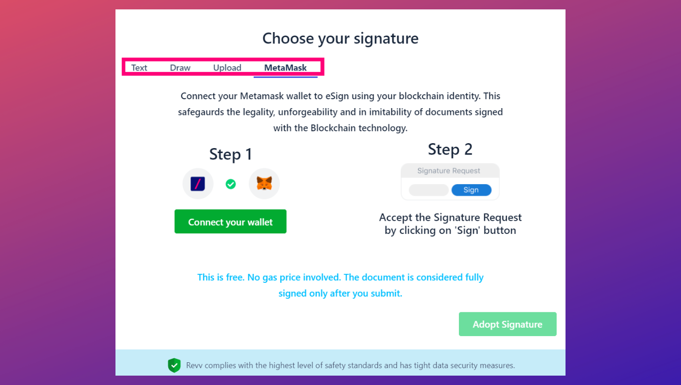 Signers can connect their crypto-wallet to sign off documents