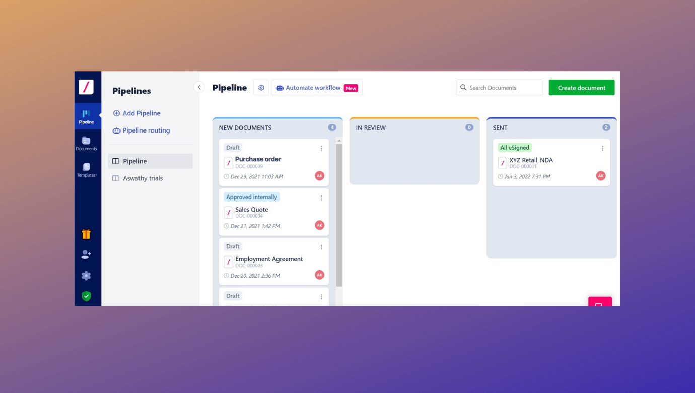 Revv’s dashboard that records the status of each document