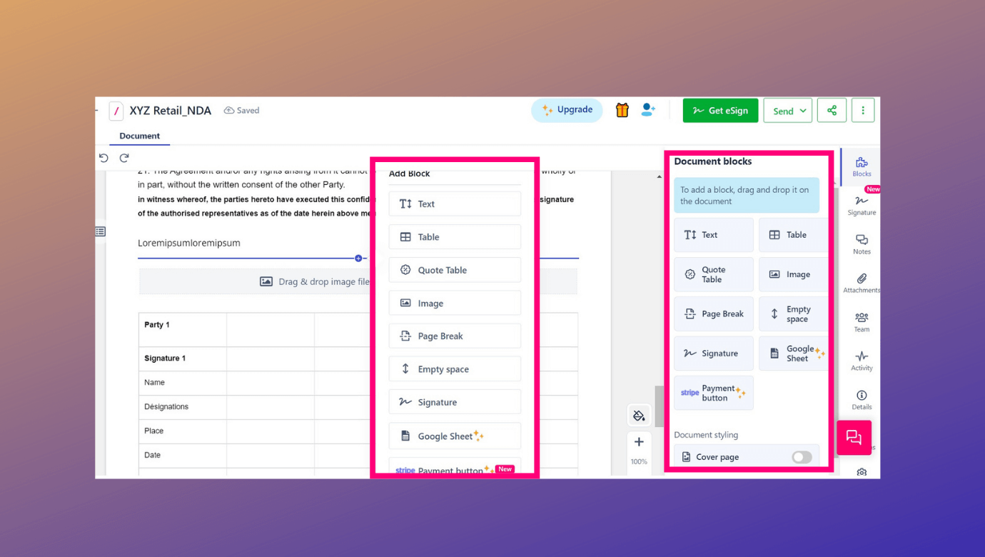 Revv’s rich and easy to use document composer allows to edit, add text, insert table or image to the file