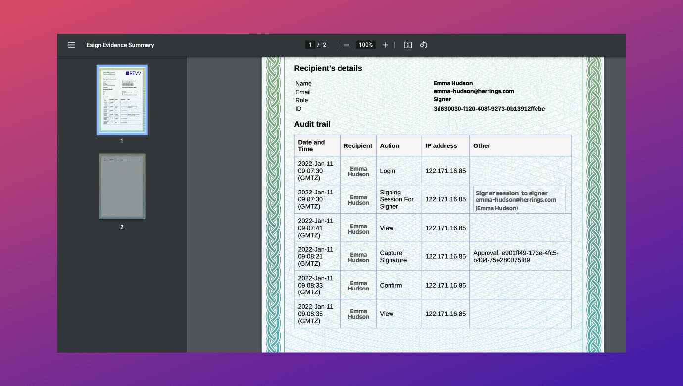 Evidence summary report for eSigned document showing all the actions done inside the file