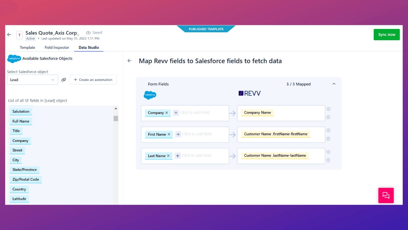 Choose Data Studio feature to map complex data from Salesforce and HubSpot CRMs and start to sign document