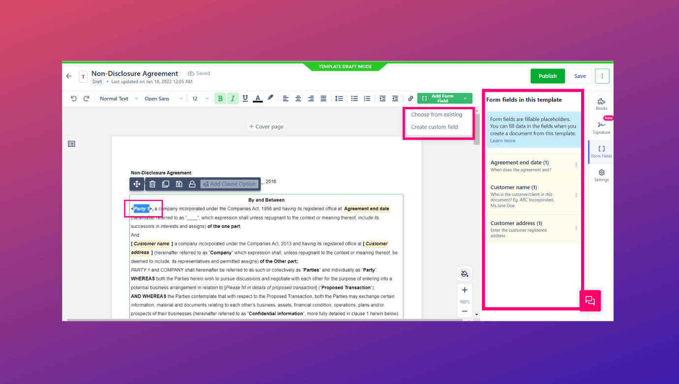 Create form fields in contracts and assign electronic signatures