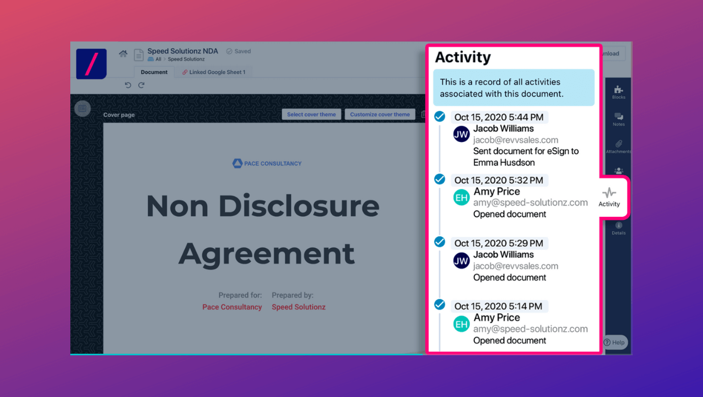 Revv's e-signature software provides 'Activity' feature to track the action taken by a person on the document, & helps to act in time