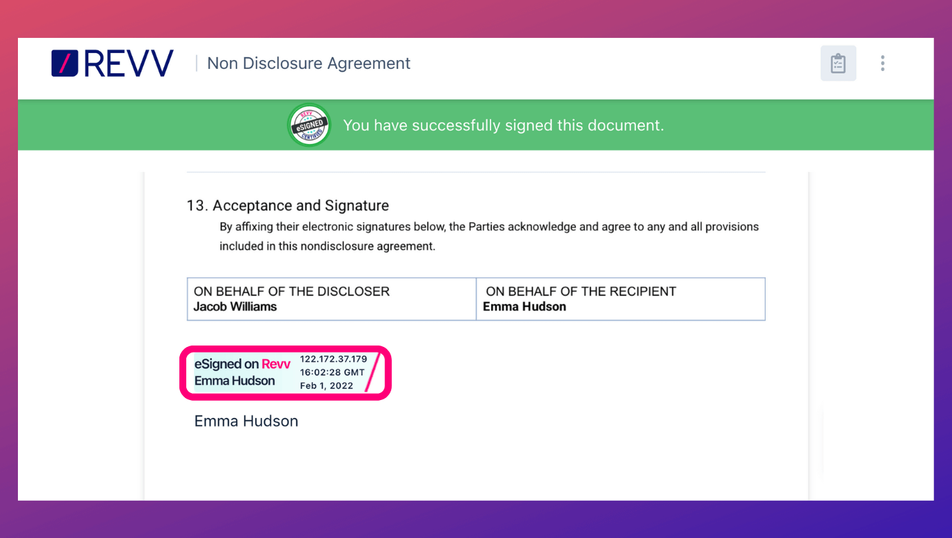 e-signature complete with IP address and respective date & time stamps