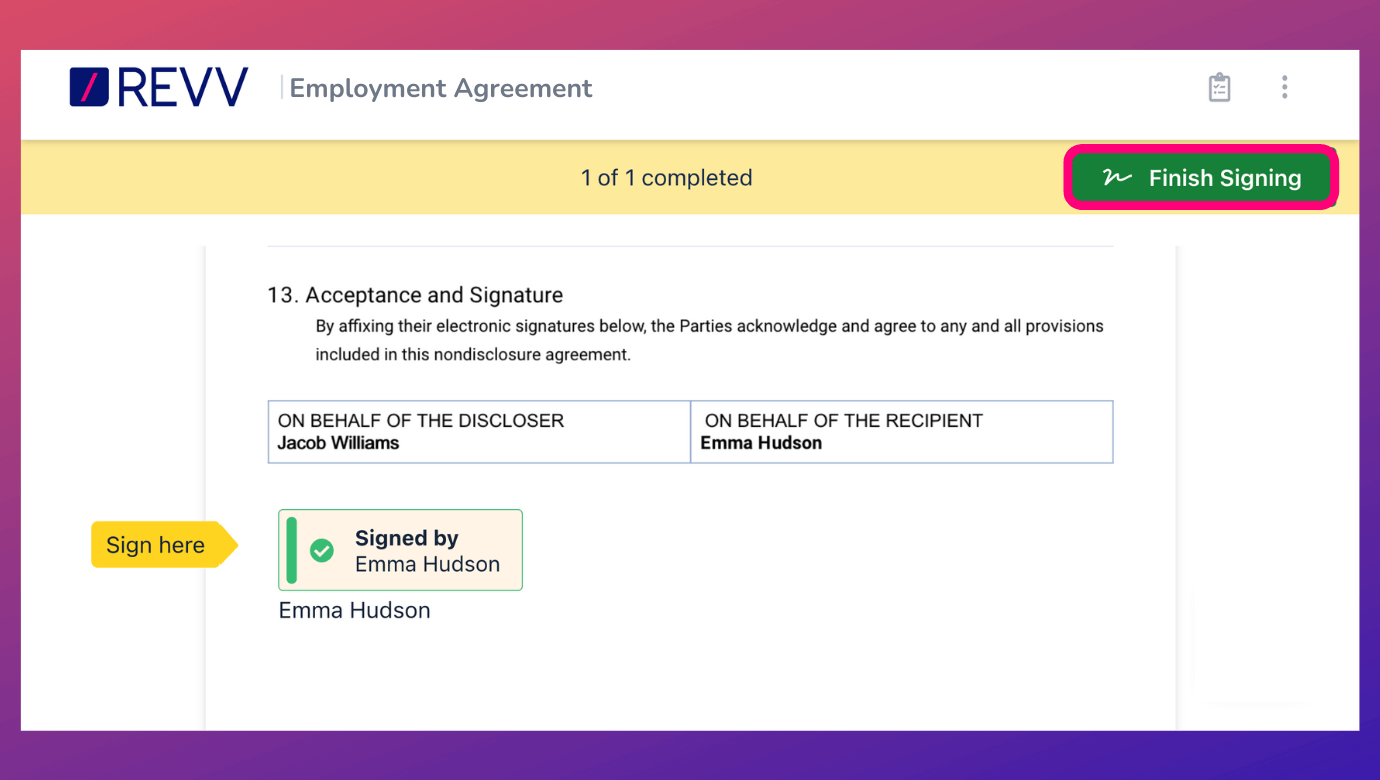 Revv asks the recipient’s consent to close the electronic signatures with a ‘Finish Signing’ button