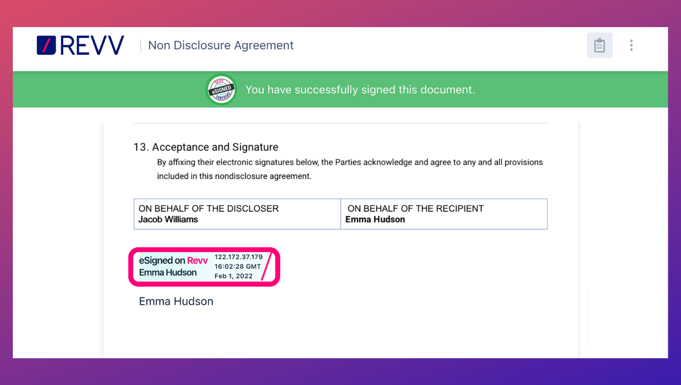 eSignature complete with IP address and respective date & time stamps