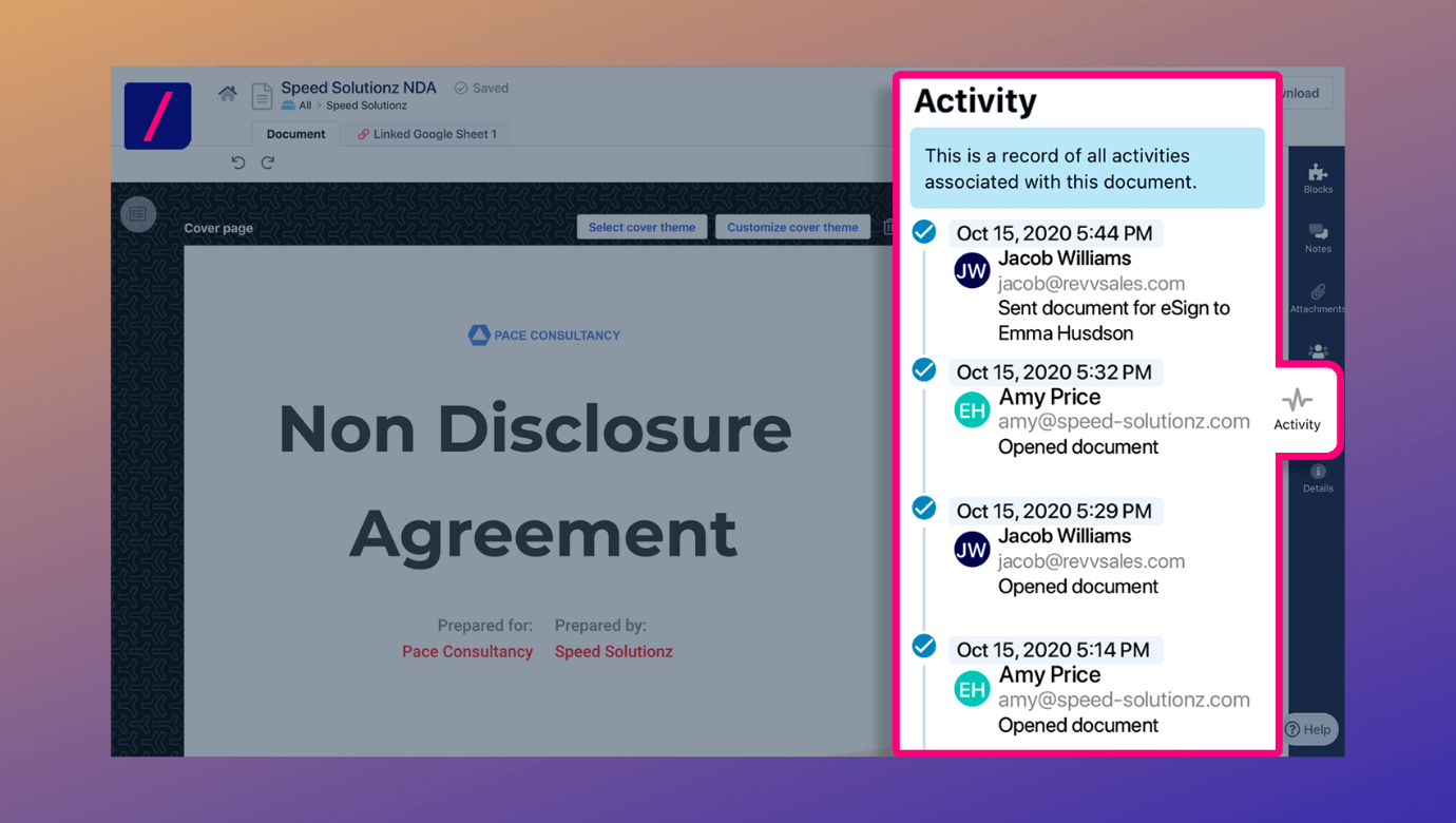 Process owners can monitor the actions on a document using the Activity tab