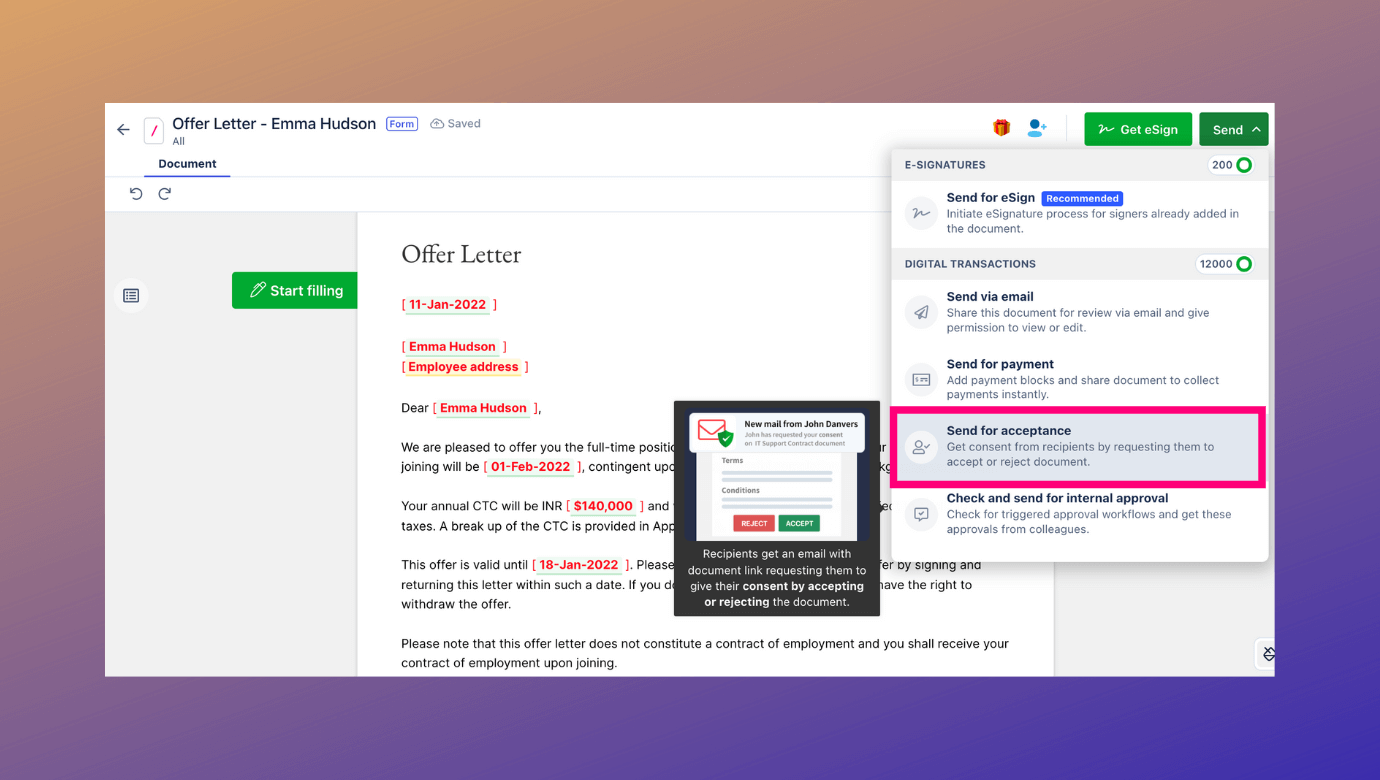 From purchase orders to NDAs, you can send any document to users for acceptance in your workflow system