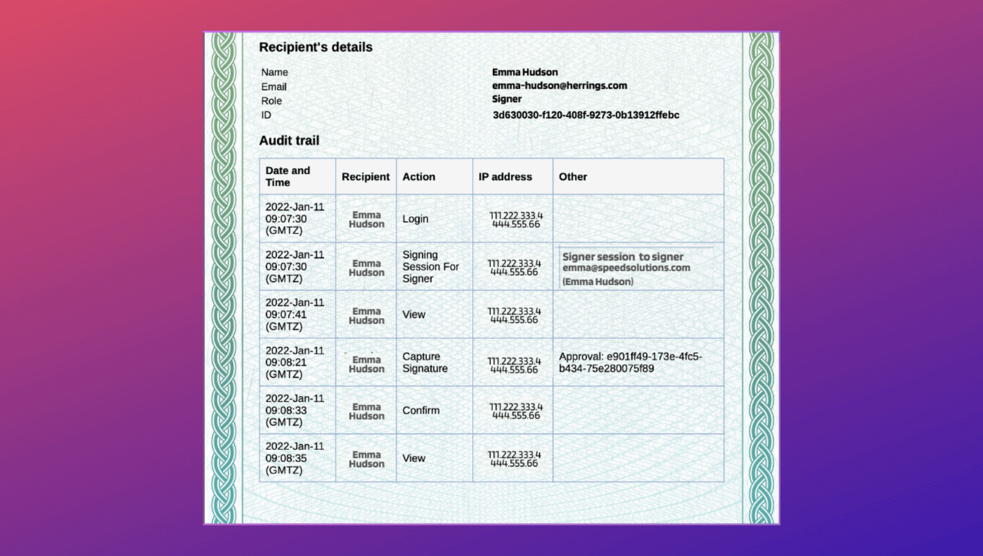 Revv records detailed audit trail in all eSigned employee onboarding documents. Any change made by a new employee or new hires gets saved. Critical insights can be drawn from evidence summary