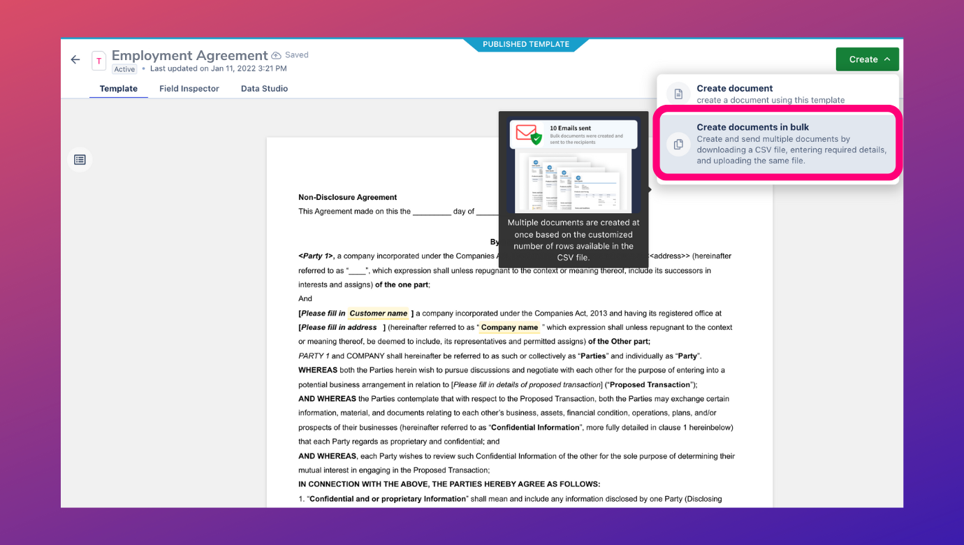 Employee onboarding documents can be sent in bulk for eSigning to the new employee and new hires with Revv's create documents in bulk feature