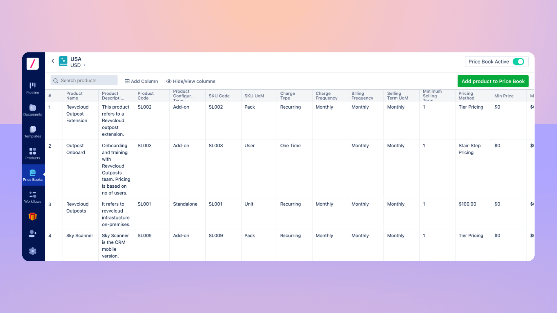 Revv allows you to create a customizable inventory of different Price Books to meet the pricing needs 