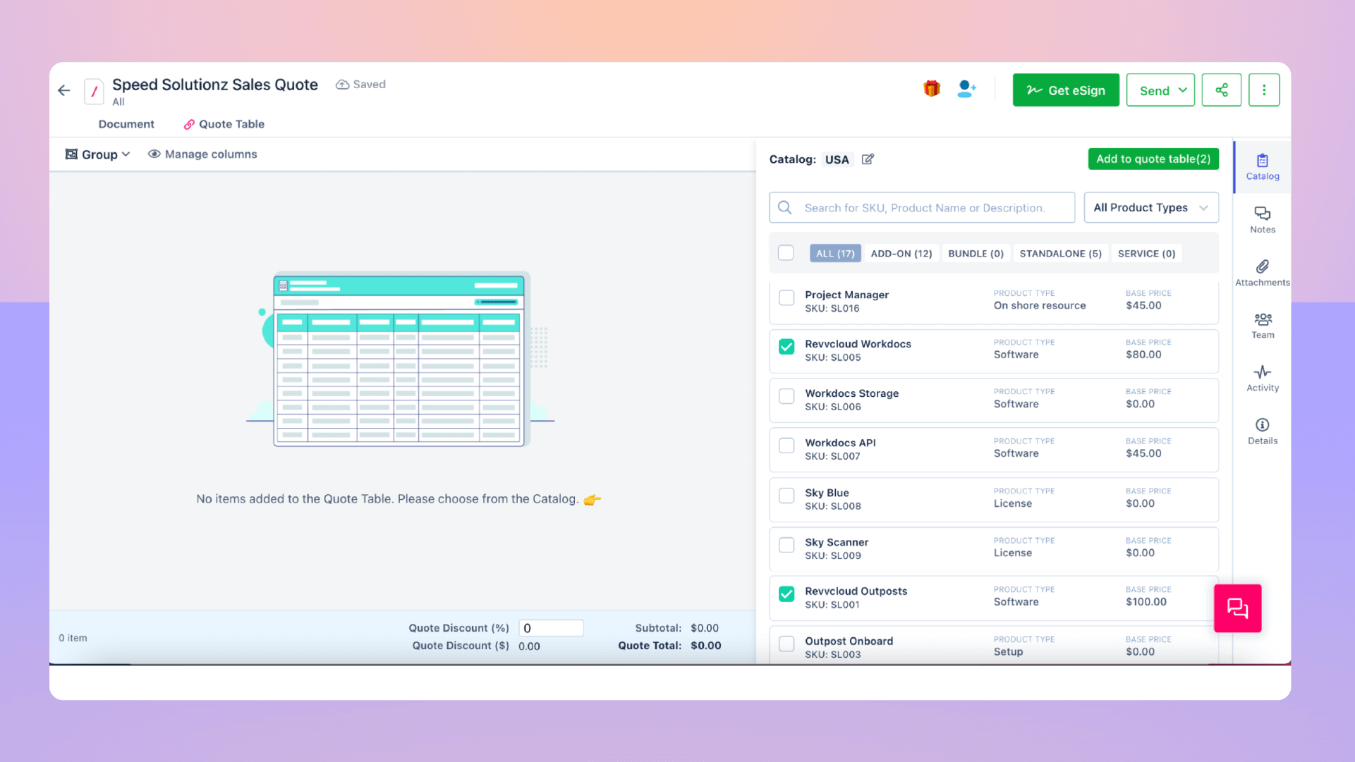 Revv’s CPQ features allow the sales team to select the right Price Book and products right within the quote