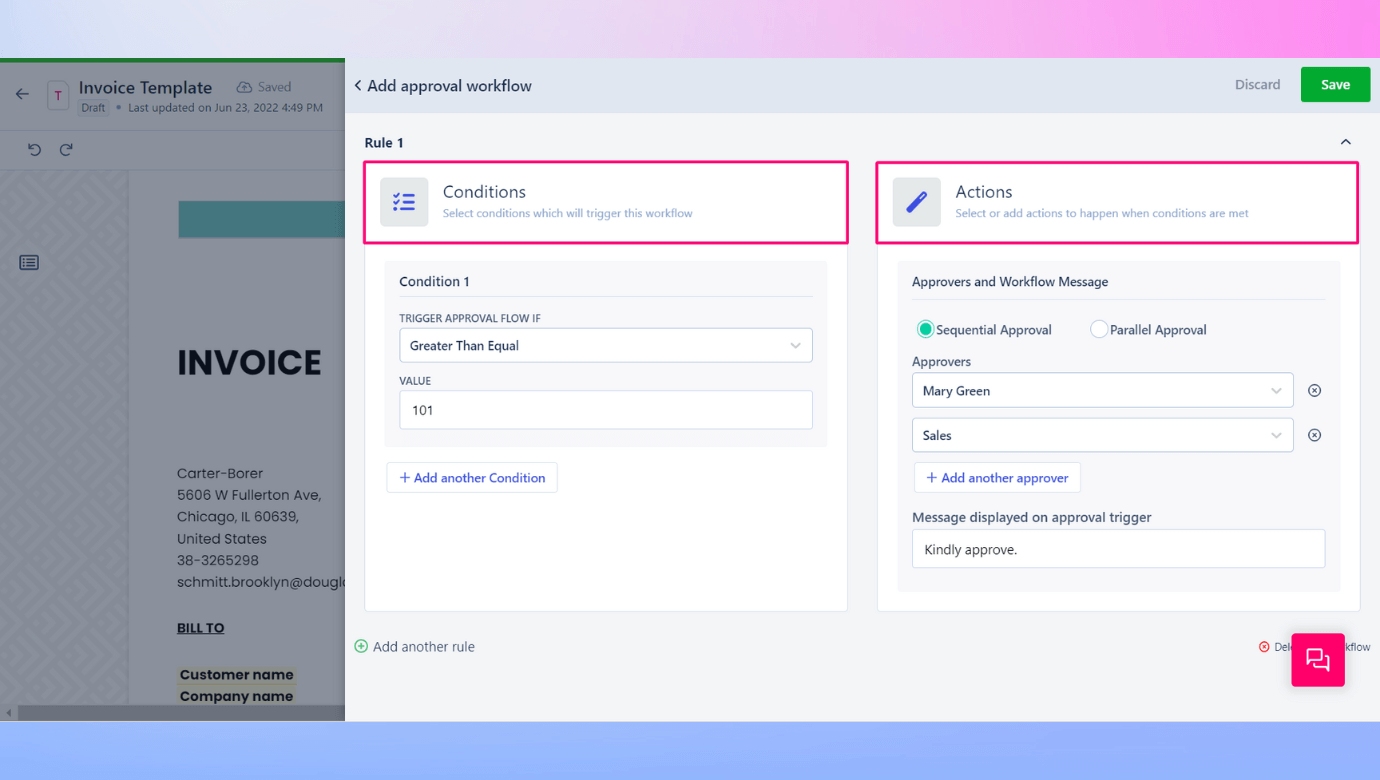 Automated invoice processing in Revv allows you to add approval workflows for purchase order & other accounting documents