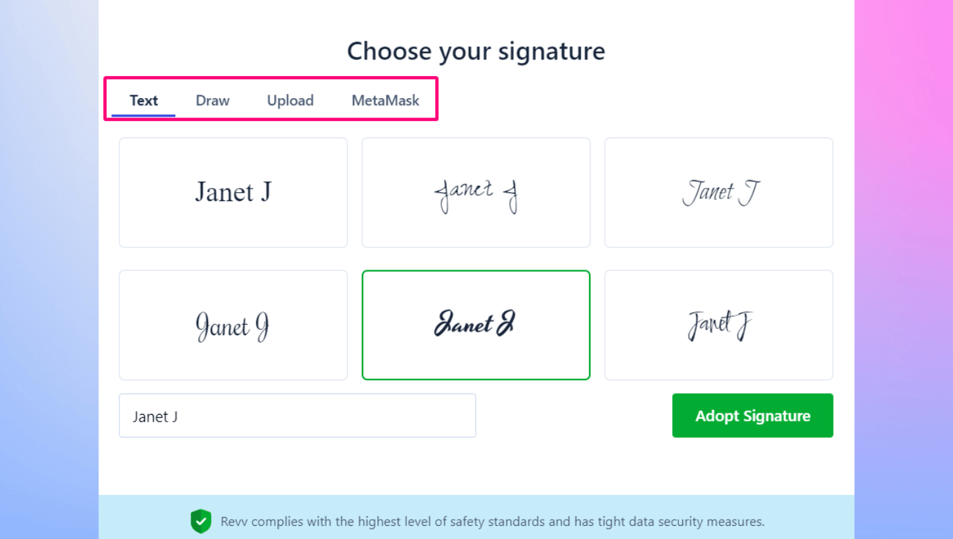 Revv software lets your signers choose their signature to be placed on the invoice