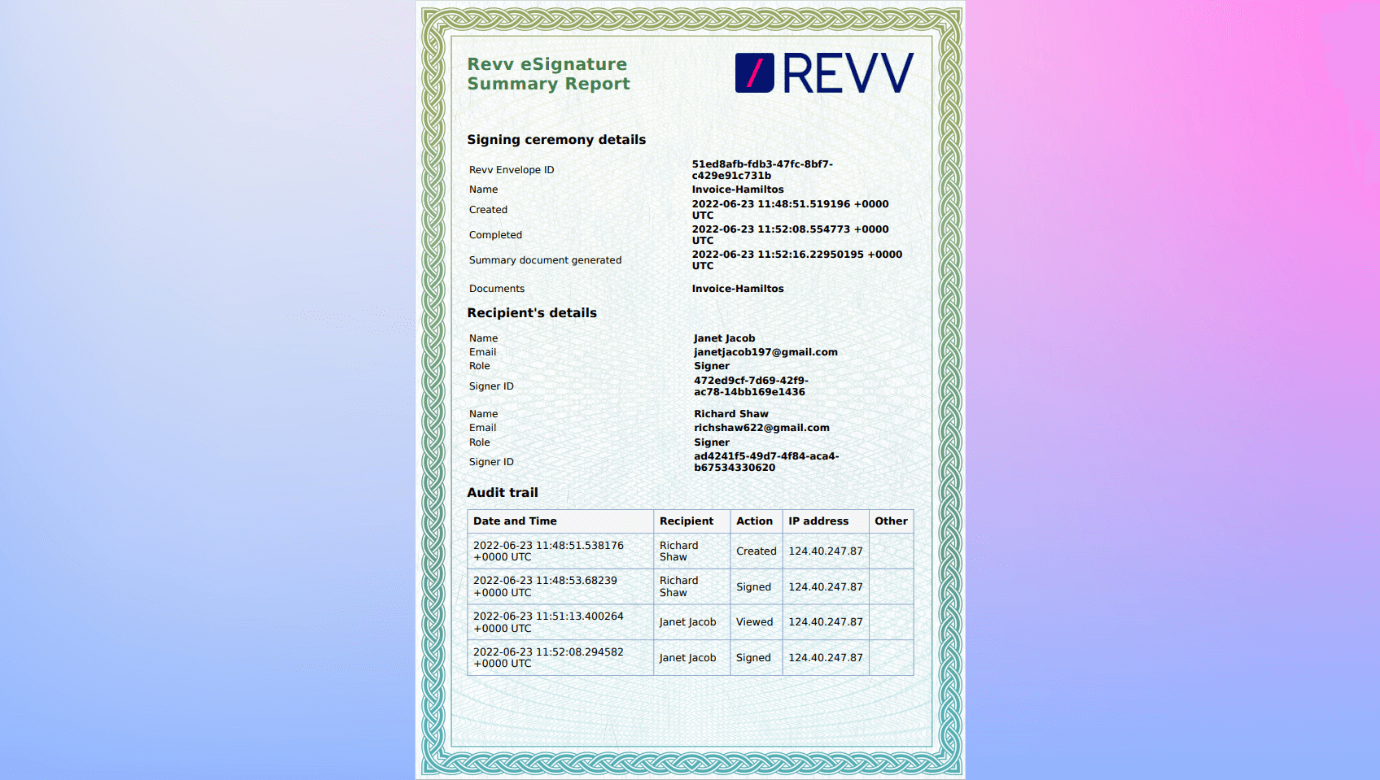 Revv software generates an evidence summary, a digital certificate to ensure compliance with your accounts payable