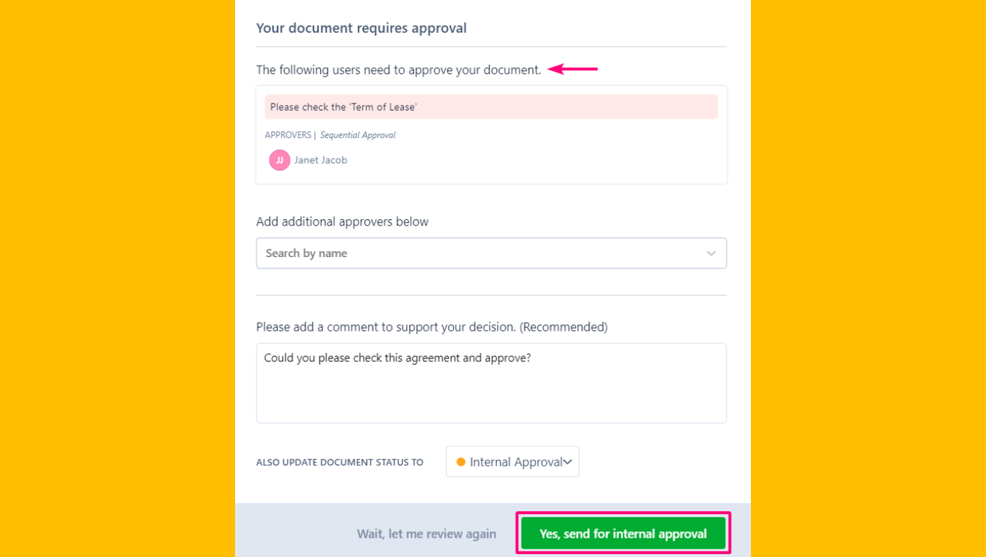 During partner onboarding, send the documents for internal approval in the company before sending them to the new partners