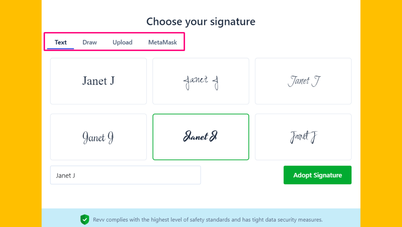 During the onboarding program, partners can use any one of the four eSign methods to sign the business documents